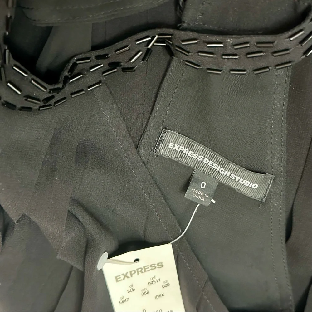 Express Black Sequin Pleated Open Back Halter Blouse NOS Y2K Silk Elegant Sexy